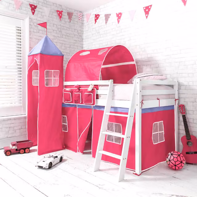 Noa and Nani Moro Cabin Midsleeper Bed with Pink Tent, Tower and Tunnel in White and Pink Solid Wood