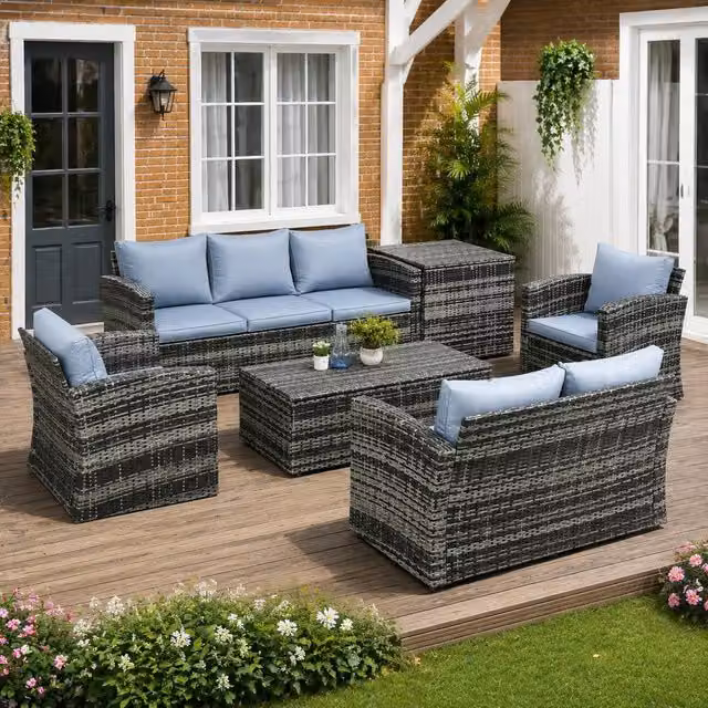 STILVORA 7-Seater Modern Grey Rattan Sofa with Storage and Metal Frame – 1