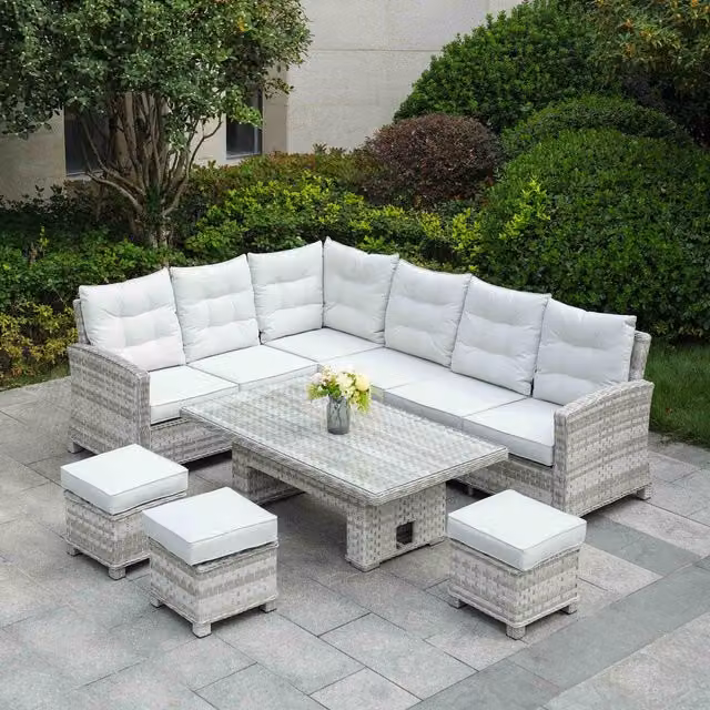 Abrihome 8-Seater Modern Rattan Garden Corner Sofa Set in White