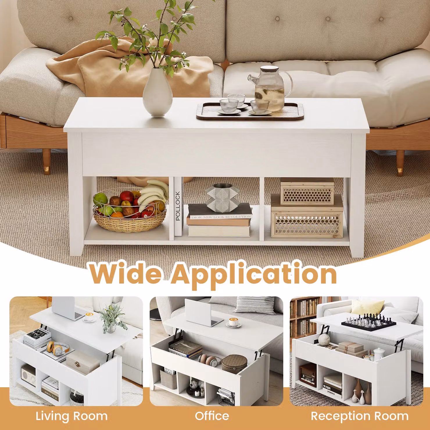 Gymax White Modern Lift Top Coffee Table with Rising Mechanism – 3