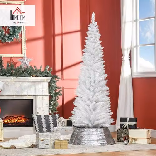 HOMCOM 6ft Unlit White Slim Pencil Artificial Christmas Tree – 2