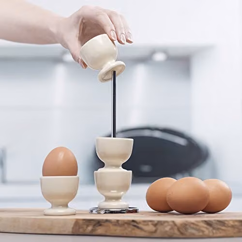 Zeal Stack and Store Egg Cup Set with Chrome Stand, Melamine, Beige/White – 3