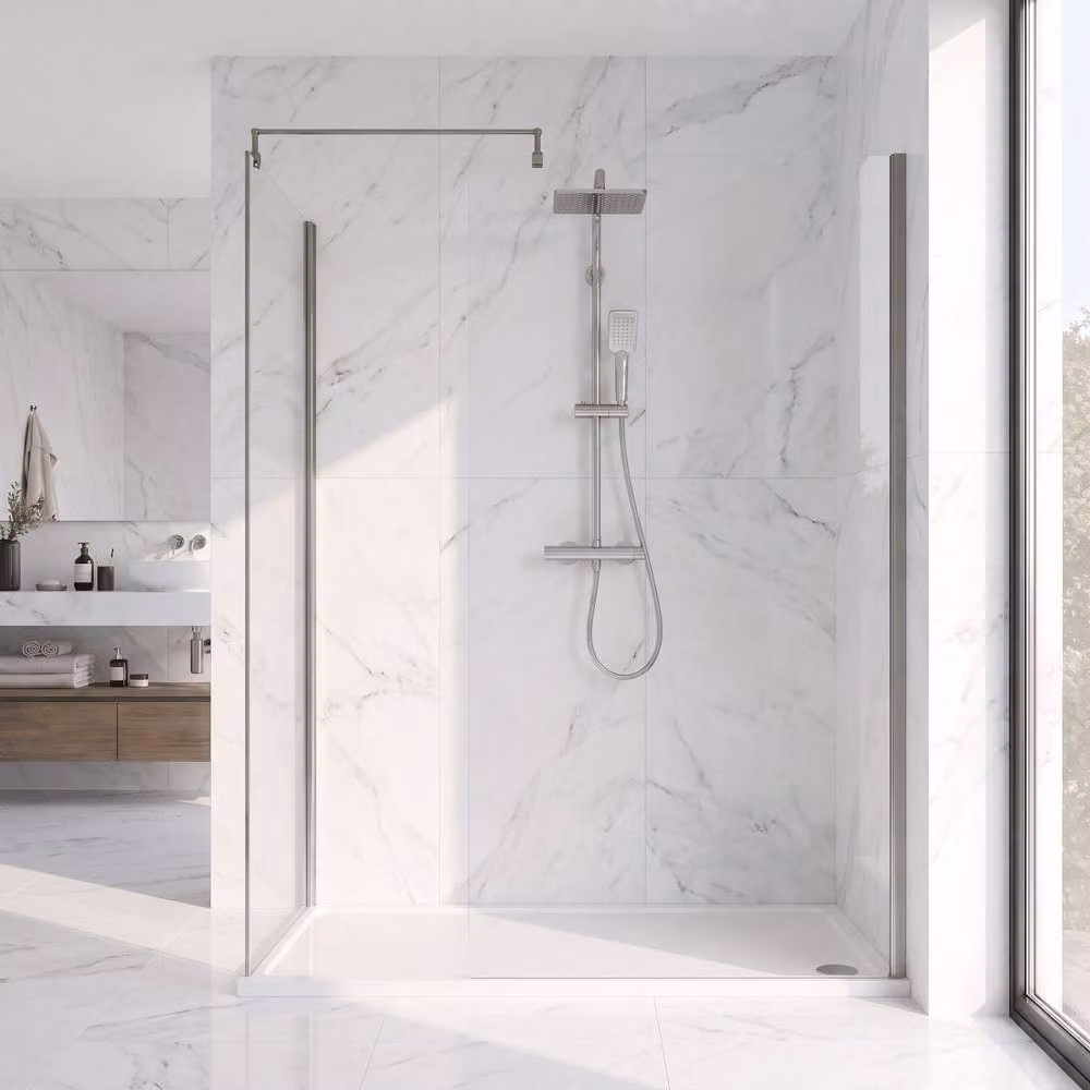Balterley Gunmetal Walk-In Wetroom Shower Bundle with Rectangular Glass Tray and Fixed Panel, Silver and Grey, W: 120 cm, D: 70 cm – 1