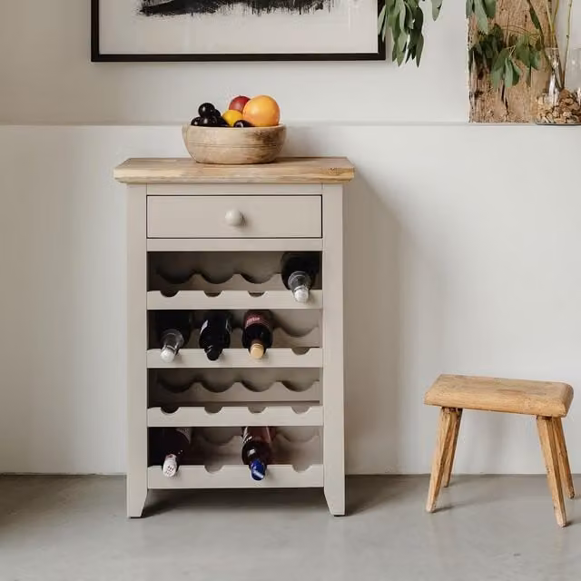 Florence Wine Rack with Drawer in Truffle Acacia Wood, W/D/H: 80.0 x 30.0 x 55.0 cm