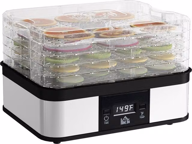 HOMCOM 5 Tier Food Dehydrator, 245W Stainless Steel Food Dryer Machine with Adjustable Temperature, Timer and LCD Display, Silver – 1