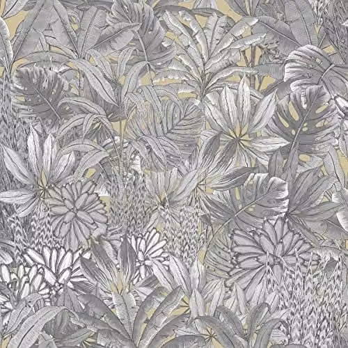 Muriva Lush Forest Gold Metallic Wallpaper with Tropical Foliage and Jungle Creatures