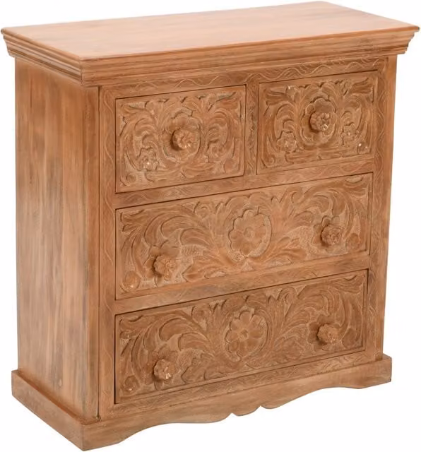 IH Design Shabby Chic Floral Carved Mango Wood Chest of Drawers in Brown and White