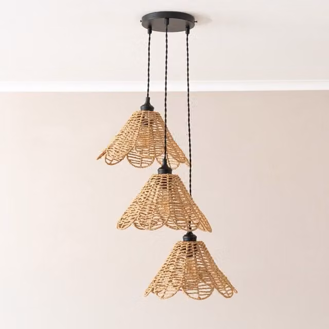 ValueLights Vine Rattan Flower 3 Drop Cluster Pendant Ceiling Light in Black