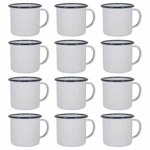 Argon Tableware White Enamel Mugs, Set of 12, Blue, 375ml – 1