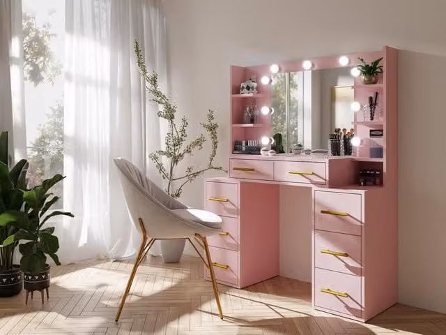 RAC3 Luxury Hollywood LED Vanity Makeup Table with Mirror and Storage Drawers in Pink – 1
