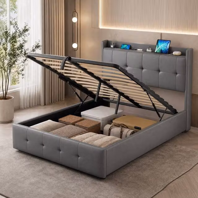 STILVORA Double Ottoman Bed with Storage, USB Charging Port and LED Reading Lights, Grey, W/D/H: 135 x 190 cm – 1