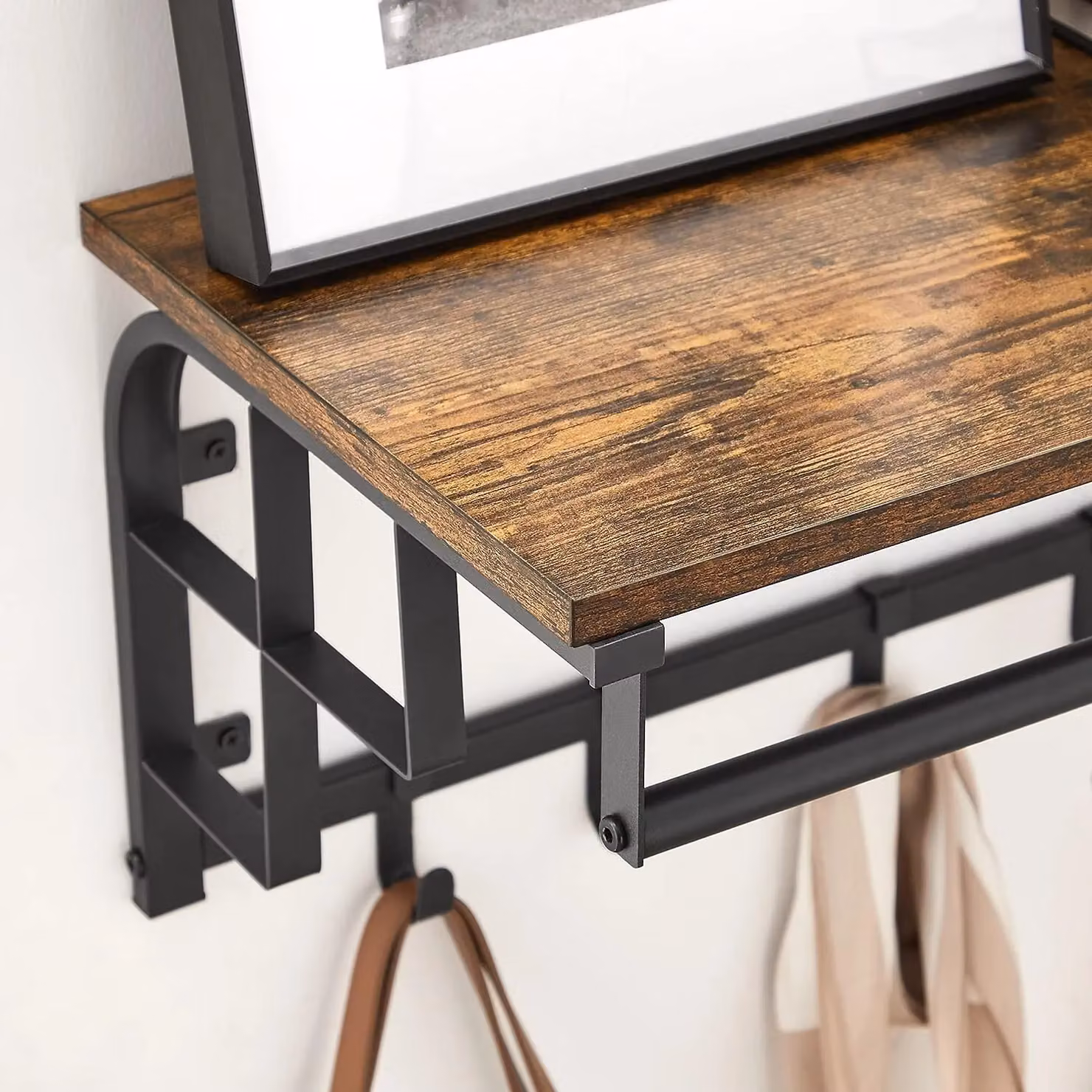VASAGLE Rustic Brown Wall Mounted Coat Rail with Floating Shelf and 5 Removable Hooks – 5