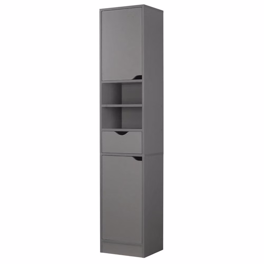 FORGEVIO Grey Wooden Tall Bathroom Cabinet with 2 Doors, 1 Drawer and Internal Shelves – 3
