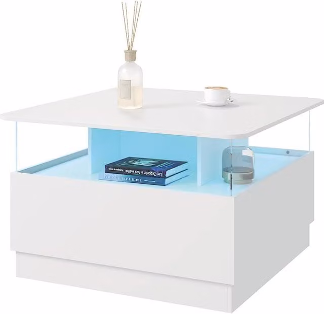KEEPREAPER Modern Square Coffee Table with 2 Drawers and LED Light in White