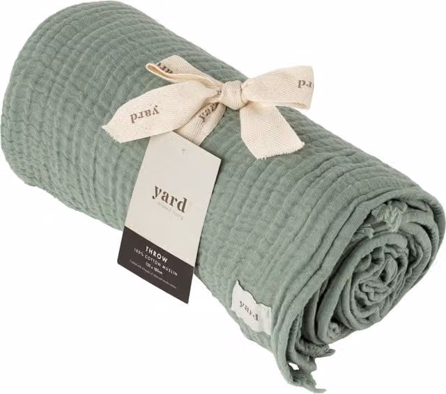 Lark Muslin Cotton Throw with Fringes, Green, W: 180 cm