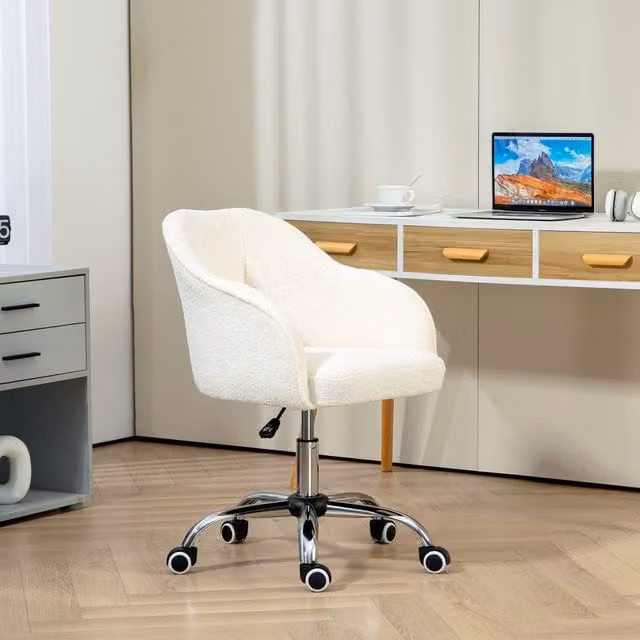 HOMCOM Modern Bouclé Task Chair with Armrests and Castors in Beige and White