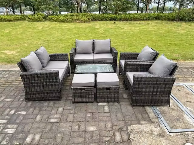 Fimous 8 Seater Dark Grey Mixed High Back Rattan Garden Furniture Set with Coffee Table and 2 Stools