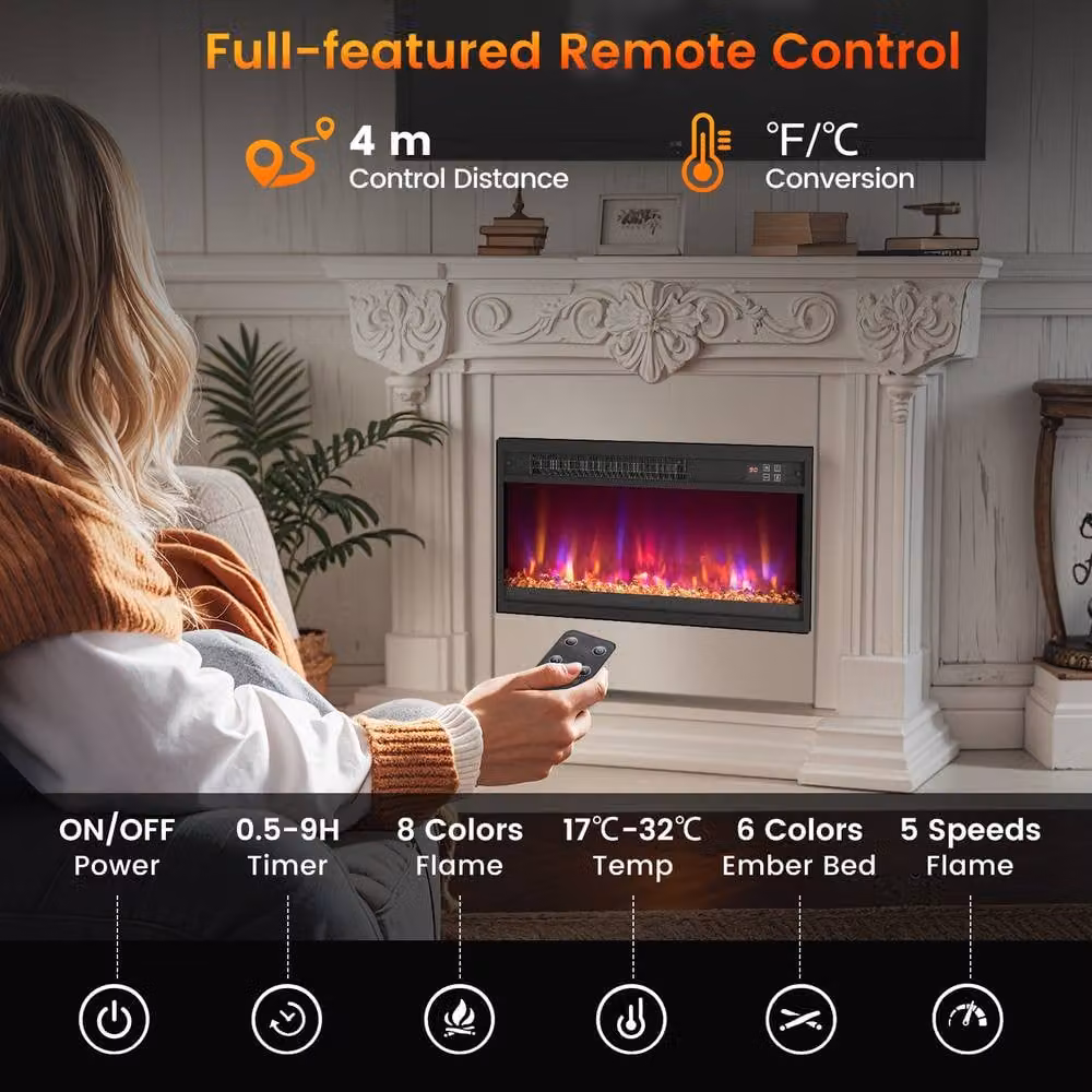 Costway 23 inch Recessed Electric Fireplace Insert 1500W Heater with Remote and Timer in Black – 6