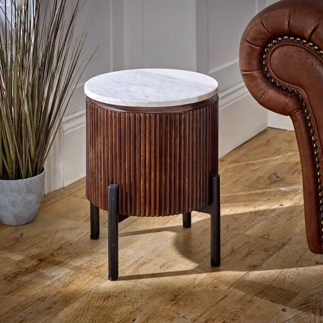 IH Design Luxor Mango Wood Side Table with Marble Top and Metal Legs in Brown and White, W/D/H: 35 x 35 x 45 cm