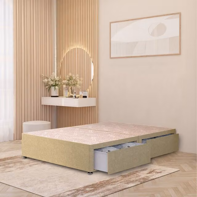 Somnior Beds Ltd Modern Upholstered Divan Bed Base with Drawers in Beige Fabric, W/D/H: 140 x 200 x 34.5 cm