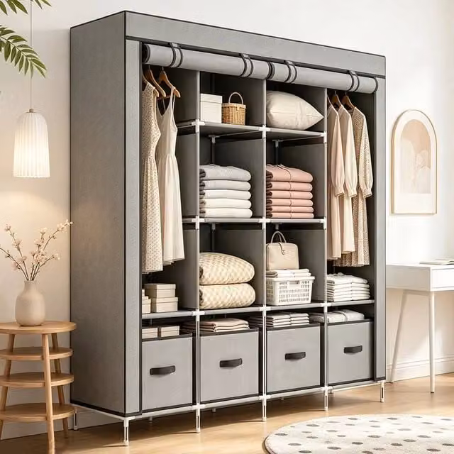 FORGEVIO Grey Large Canvas Fabric Wardrobe with Folding Doors, Hanging Rod and Internal Drawers