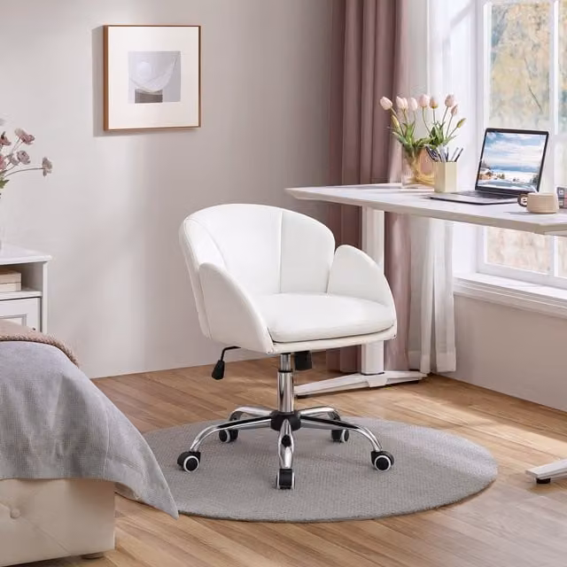 Yaheetech Modern White Velvet Swivel Task Chair with Armrests and Castors