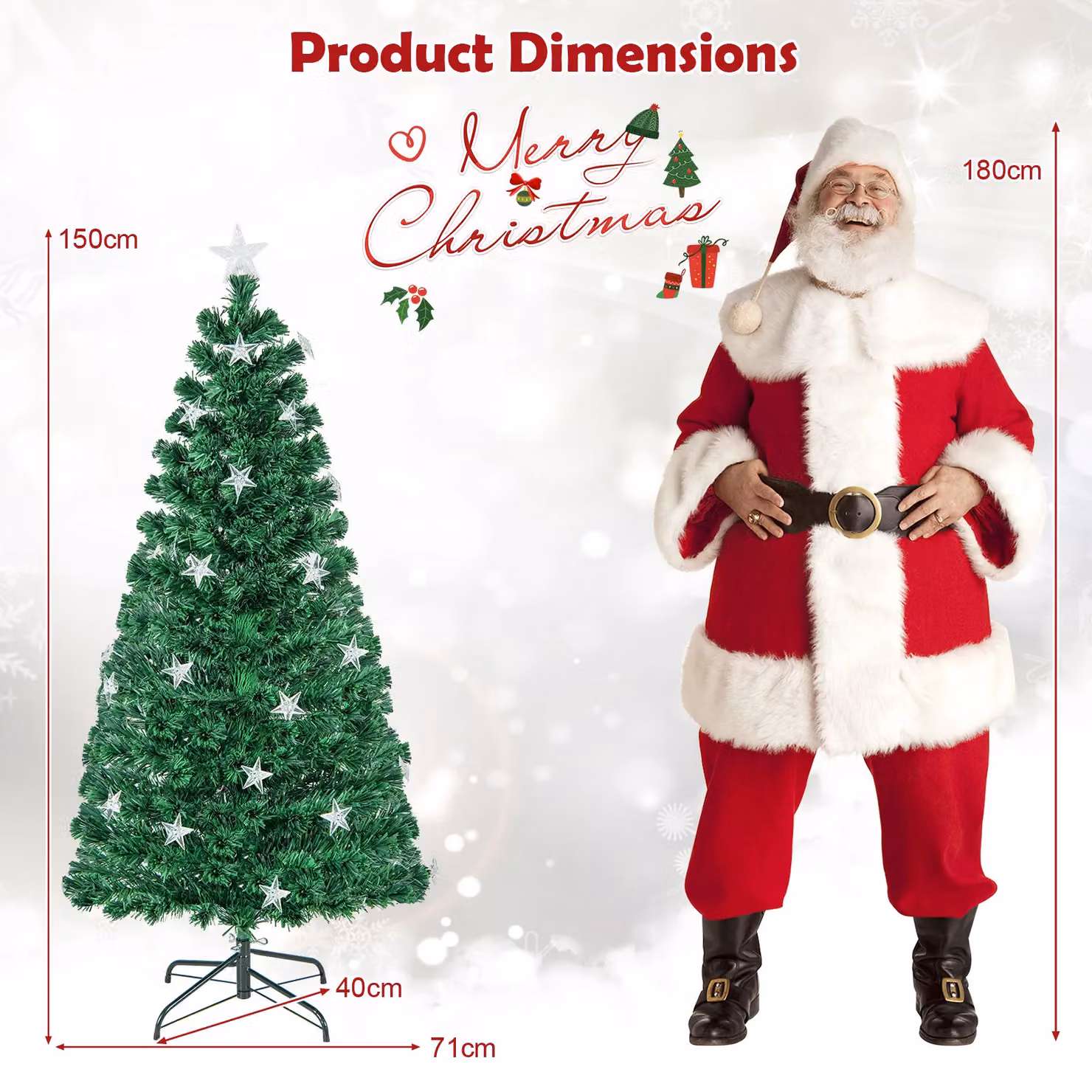 Costway 5ft Pre-Lit Artificial Christmas Tree with Fiber Optics in Green, H 152.4 cm x W 71.0 cm – 2