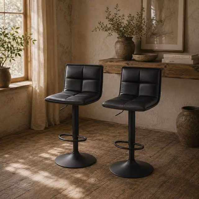 Wyld Haus Miha Set of 2 Black Faux Leather Swivel Adjustable Bar Stools