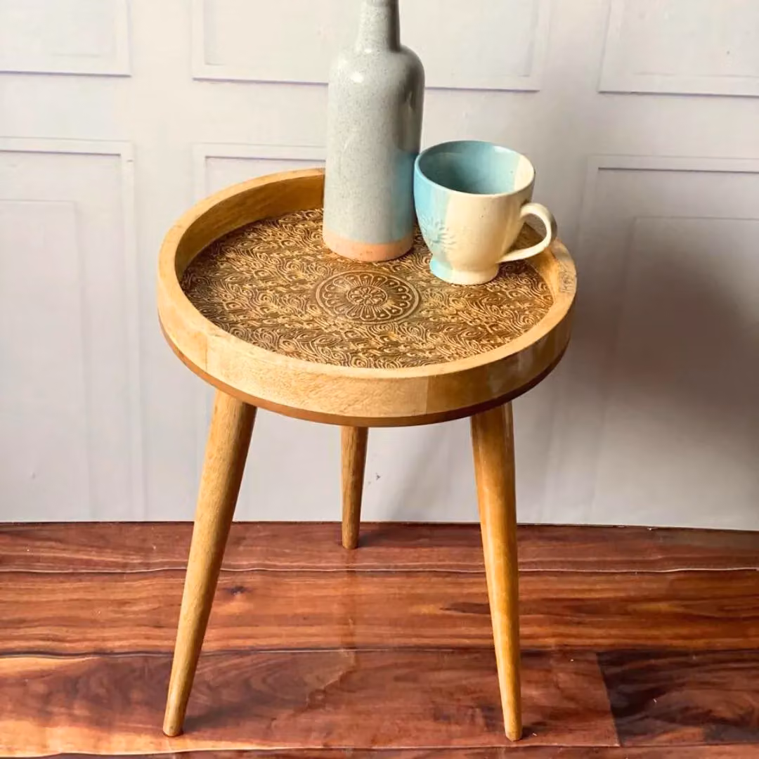 Hartsmede Handcrafted Mango Wood Side Table with Detachable Legs, Round Gold and Brown Design, H 61 cm x W 37 cm x D 37 cm – 4