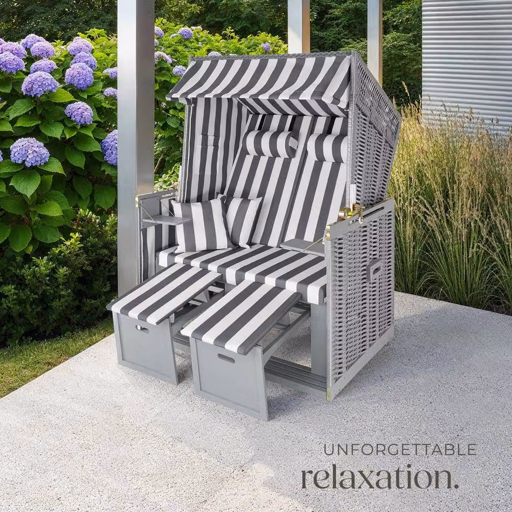 tectake Sylt 2 Seater Beach Chair in Grey Striped Rattan with Cushions, Footrest and Rain Cover – 7