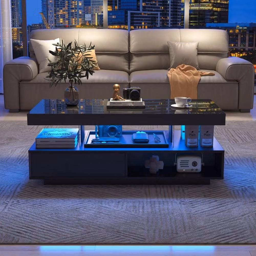 KORVIXA Modern High Gloss RGB LED Square Coffee Table in Black, W/D: 100 x 100 cm – 3