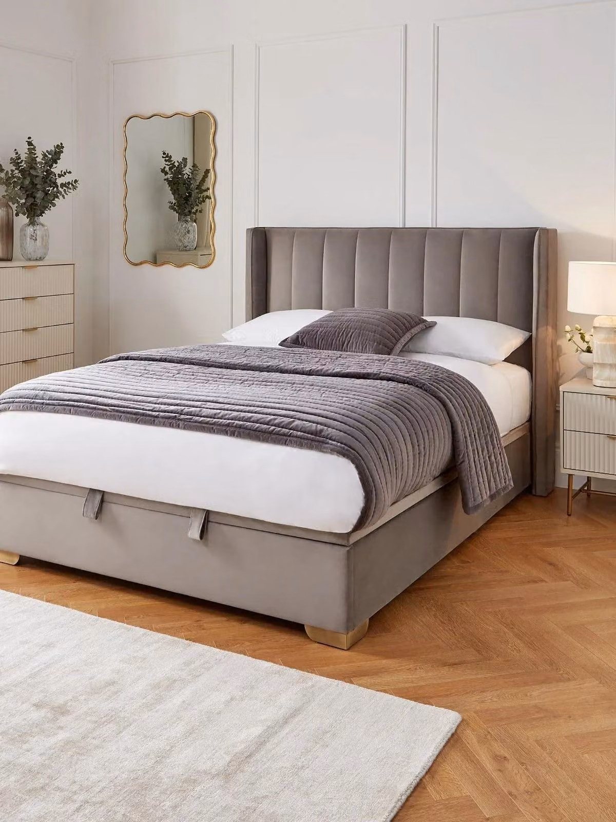 Dakota King Size Velvet End Lift Up Storage Ottoman Bed in Grey, W/D/H: 180 x 200 x 153.5 x 128.5 cm
