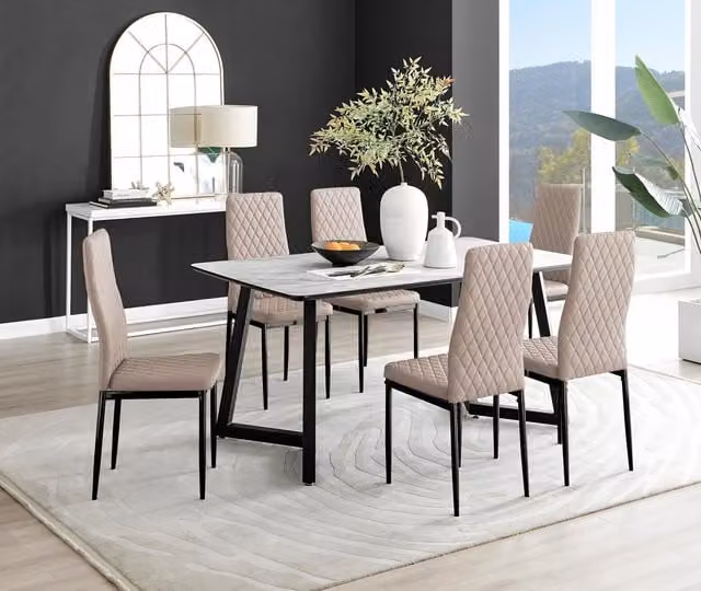 FurnitureboxUK Carson White Marble Effect Dining Table and 6 Milan Black Leg Chairs in Beige