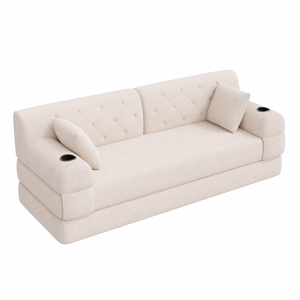 Rolipo Beige Corduroy 3-Seater Sleeper Sofa with High Back and Cup Holders – 2