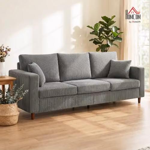 HOMCOM 3 Seater Corduroy Upholstered Sofa in Grey, W: 225 cm – 2