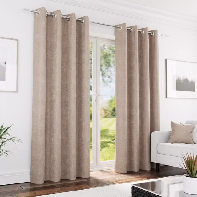 Knightsbridge Sand Blackout Chenille Eyelet Curtains, Thermal Insulating, Sand/Brown, Width: 117 cm, Height: 183 cm