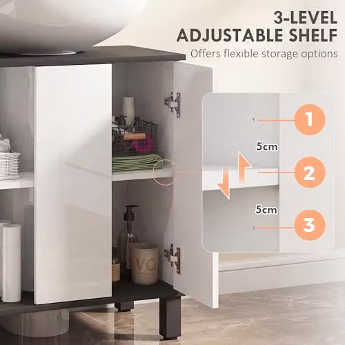 HOMCOM Modern Freestanding Under Sink Bathroom Cabinet with Hinged Doors and Internal Shelves, High Gloss White, W/D/H: 60 x 34 x 70 cm – 4