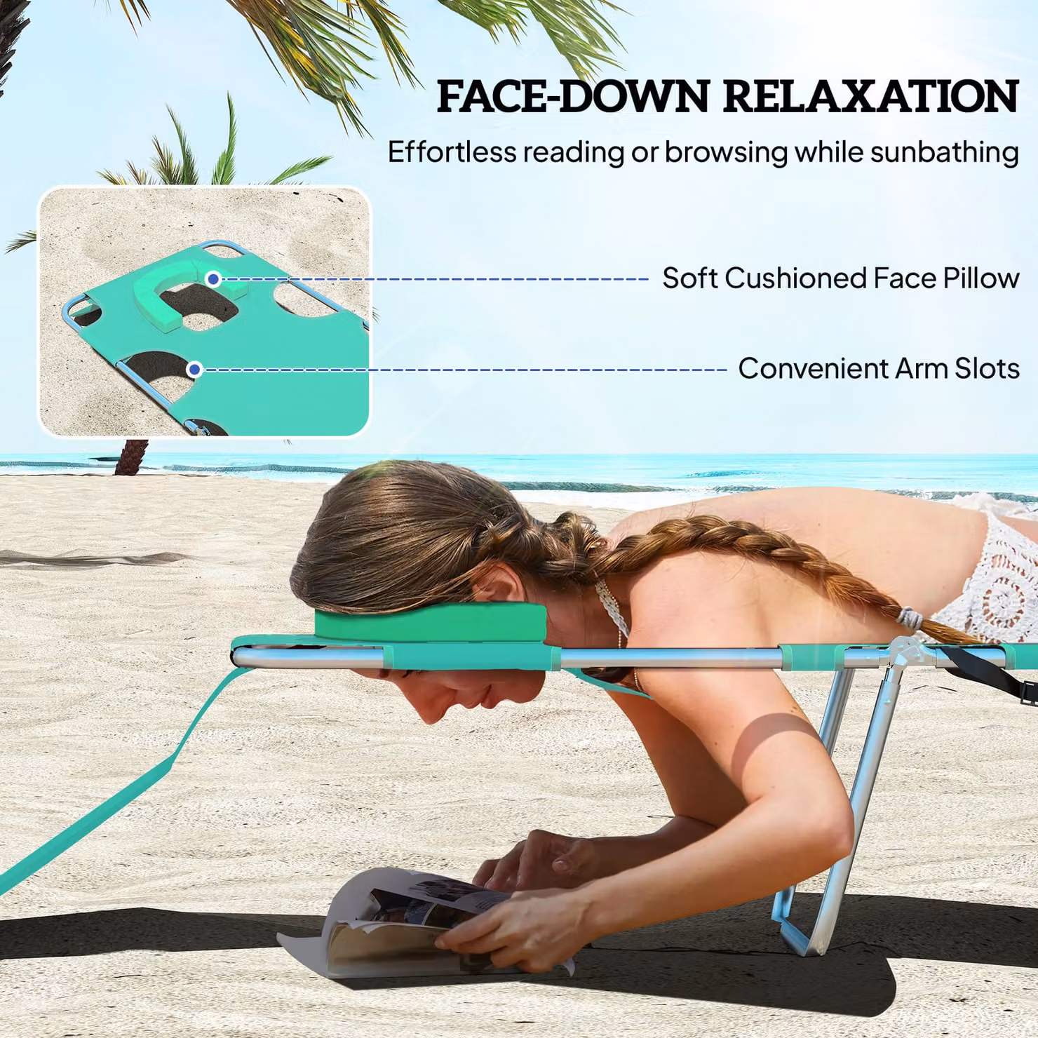 Outsunny Green Beach Chaise Lounge with Face Cavity, Arm Slots and Adjustable Headrest – 3