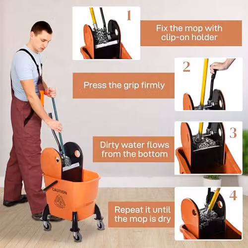 HOMCOM 26L Mop Bucket with Wringer and Wheels in Orange – 3