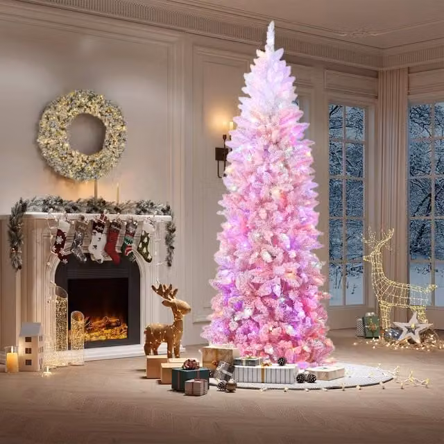 London Boutique 7.5ft Pre-Lit Pink Pencil Artificial Christmas Tree with LED Lights