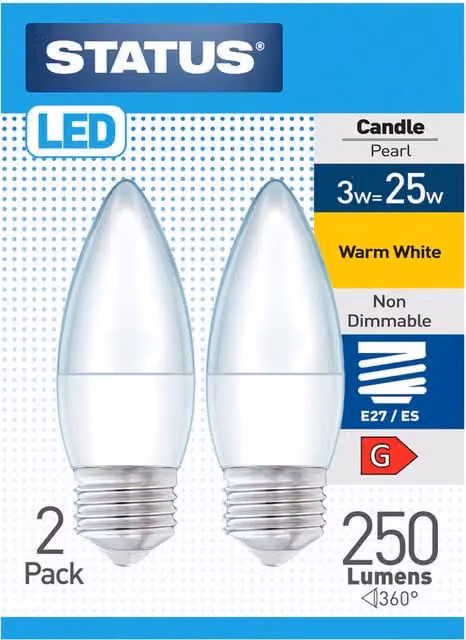 Status Pack of 2 LED Pearl Candle Lightbulbs, Warm White, E27 Edison Screw
