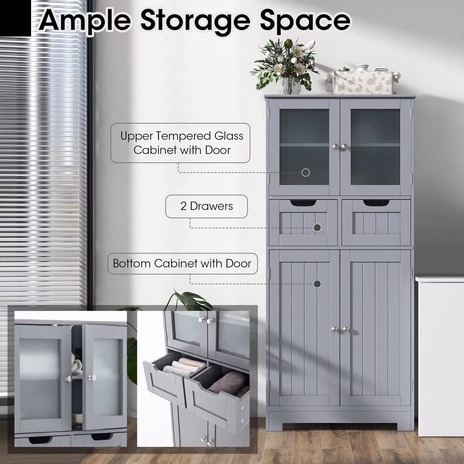 Gymax Tall Grey Bathroom Cabinet with Double Hinged Doors and 2 Internal Drawers – 6