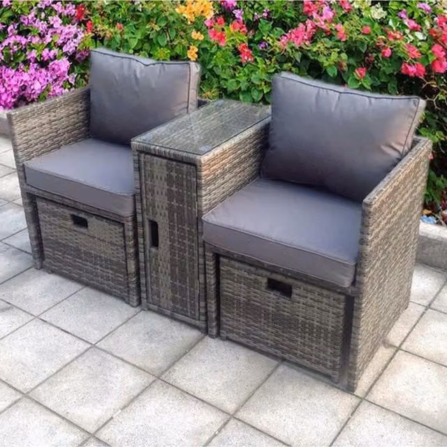 UK Leisure World Madrid Rattan Set with 2 Grey Chairs and Glass Table