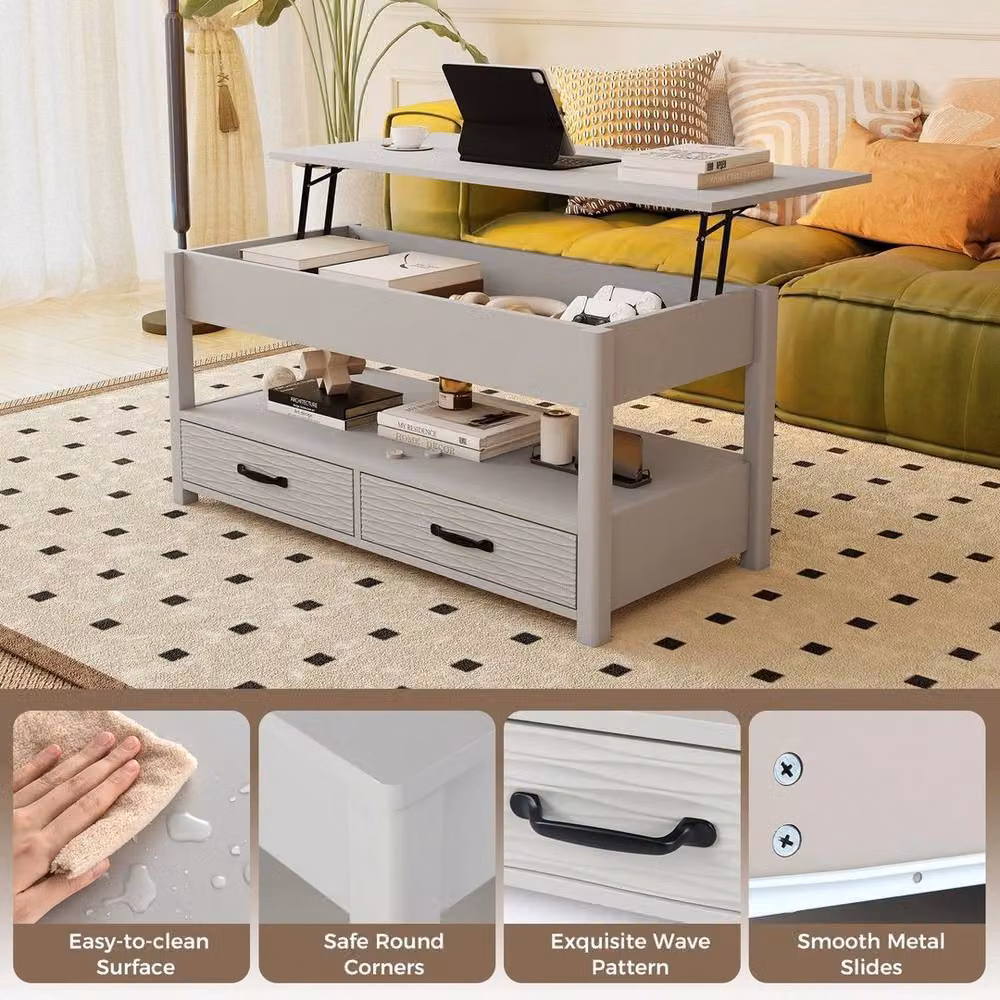 EONLION Modern Grey Rectangular Coffee Table with Lift Mechanism and Storage, Width: 100 cm – 5