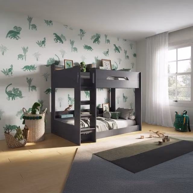 Gravity Modern Two-Level Childrens Bunk Bed in Grey and White with Bedside Shelf and Side Compartments