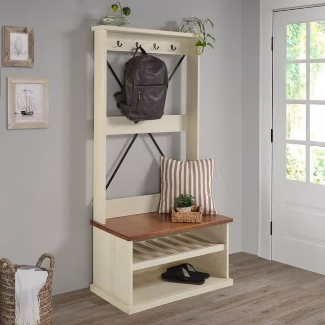 Mercers Furniture Cottage Hall Tree with Bench and Coat Hooks in White Lacquered Pine