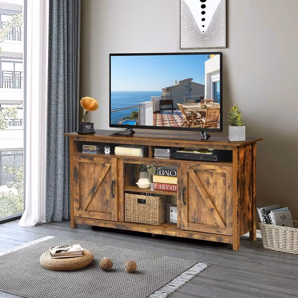 Costway Industrial Entertainment Centre and Fireplace TV Stand for TVs up to 65 inch, Brown – 3