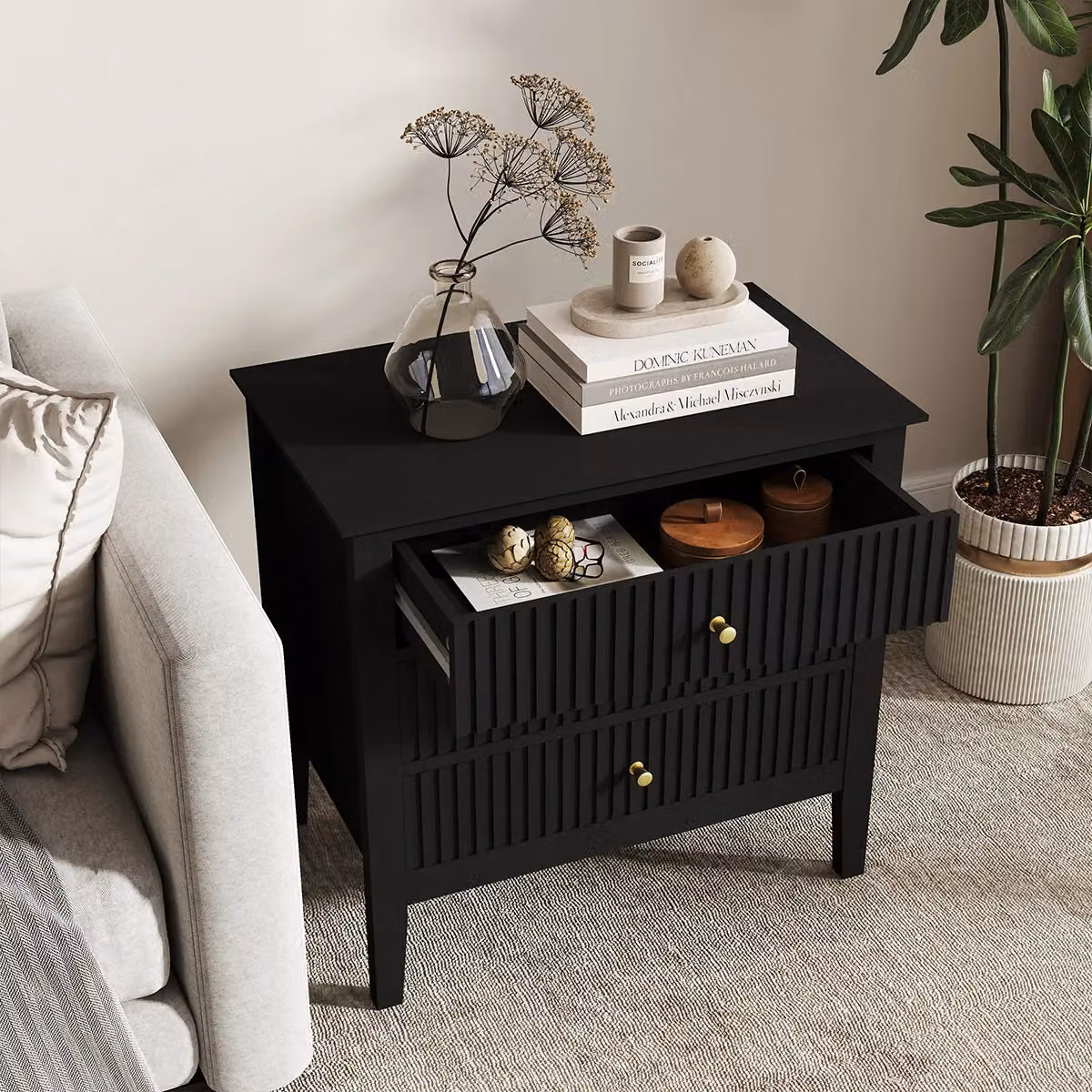 Melody Maison Hales Black Pair of Large 3 Drawer Bedside Tables with Gold Accents – 3
