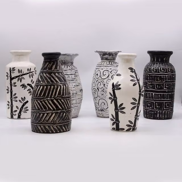 KDMK Geometric Ethnic Ceramic Tabletop Vase in White and Black
