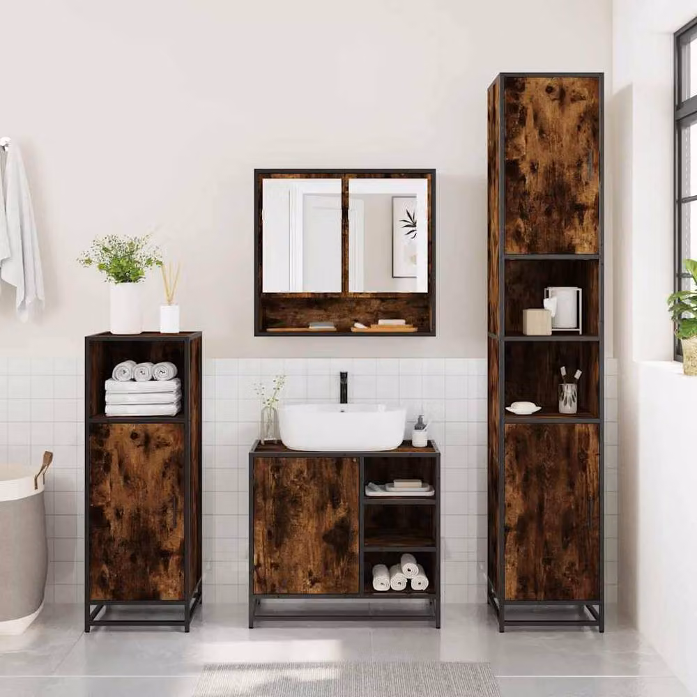 Berkfield Home 4-Piece Industrial Bathroom Furniture Set in Smoked Oak and Brown – 3